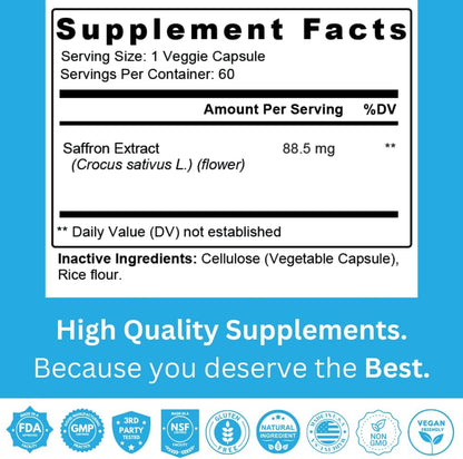 Saffron Supplement 88.5 Mg – Saffron Extract Capsules – Supports Mood Balance & Emotional Wellness – 60 Veggie Capsules –