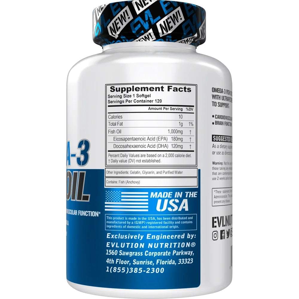 High Potency Fish Oil Pills 120Ct - EVL Nutrition Omega-3 Supplement 1000Mg with EPA/DHA Fatty Acids