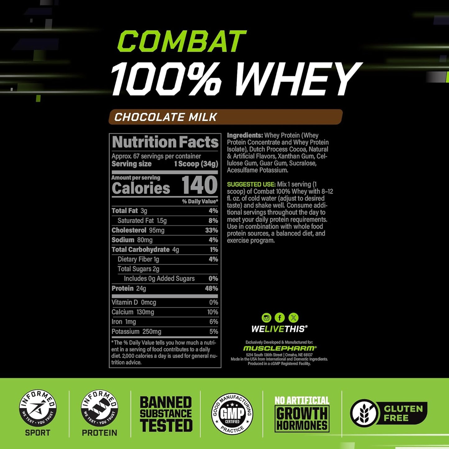 Combat 100% Whey Protein Powder, Chocolate Milk, Fast Recovery & Muscle Gain with Whey Isolate, High Protein Powder for Women & Men, Gluten Free, 5Lb, 67 Servings