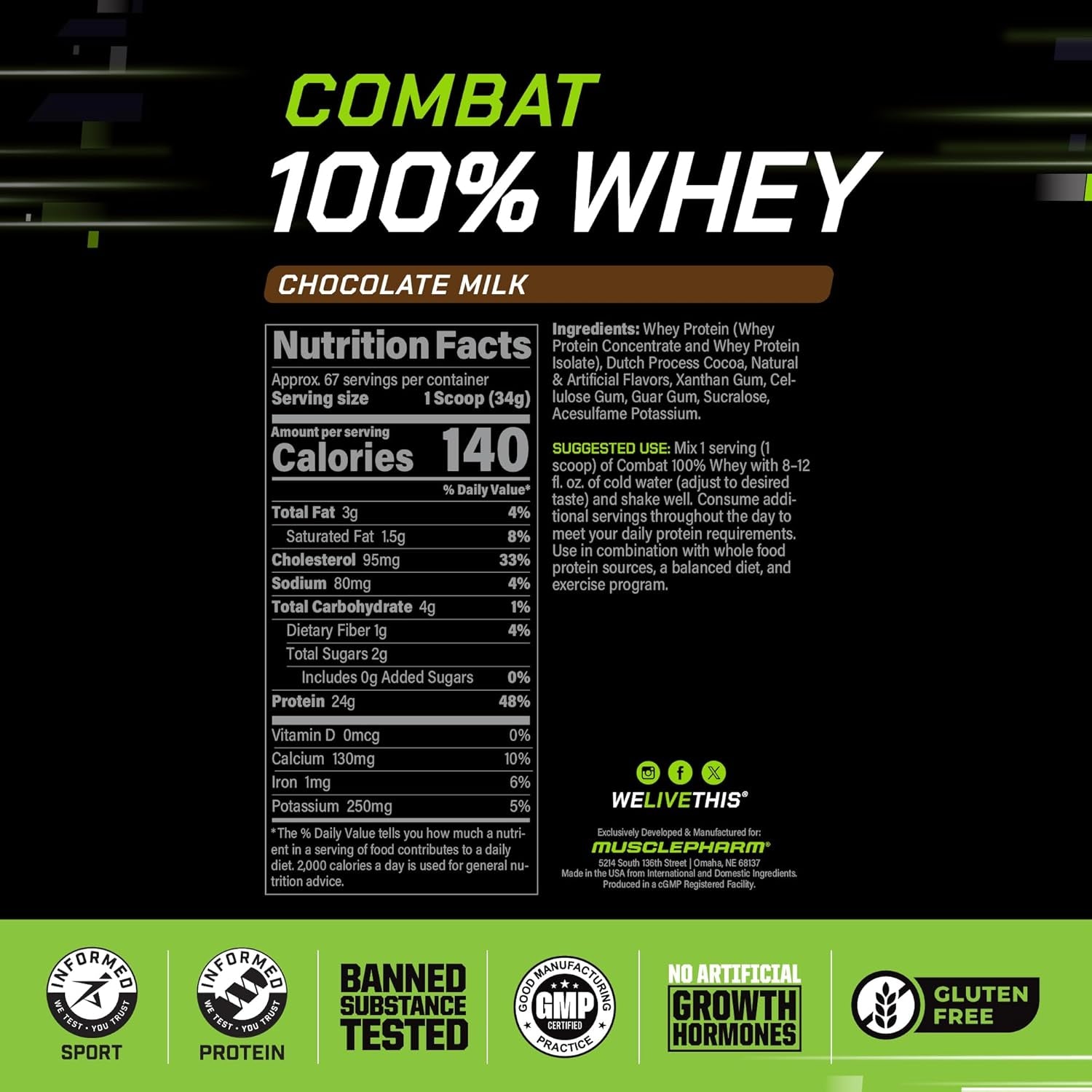 Combat 100% Whey Protein Powder, Chocolate Milk, Fast Recovery & Muscle Gain with Whey Isolate, High Protein Powder for Women & Men, Gluten Free, 5Lb, 67 Servings