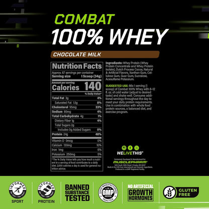 Combat 100% Whey Protein Powder, Chocolate Milk, Fast Recovery & Muscle Gain with Whey Isolate, High Protein Powder for Women & Men, Gluten Free, 5Lb, 67 Servings