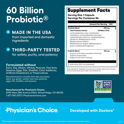 Physician's CHOICE Probiotics 60 Billion CFU - 10 Strains + Organic Prebiotics - Immune, Digestive & Gut Health - Supports Occasional Constipation, Diarrhea, Gas & Bloating - for Women & Men - 30ct