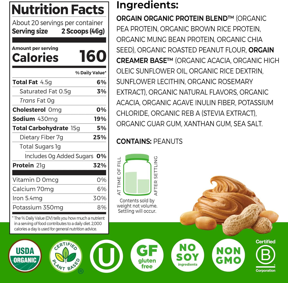 Orgain Organic Vegan 21g Protein Powder, Vanilla Bean, 2.03 lb