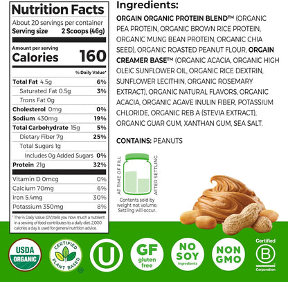 Orgain Organic Vegan 21g Protein Powder, Vanilla Bean, 2.03 lb