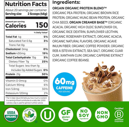 Orgain Organic Vegan 21g Protein Powder, Vanilla Bean, 2.03 lb
