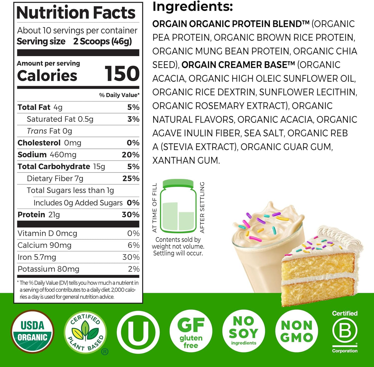 Orgain Organic Vegan 21g Protein Powder, Vanilla Bean, 2.03 lb