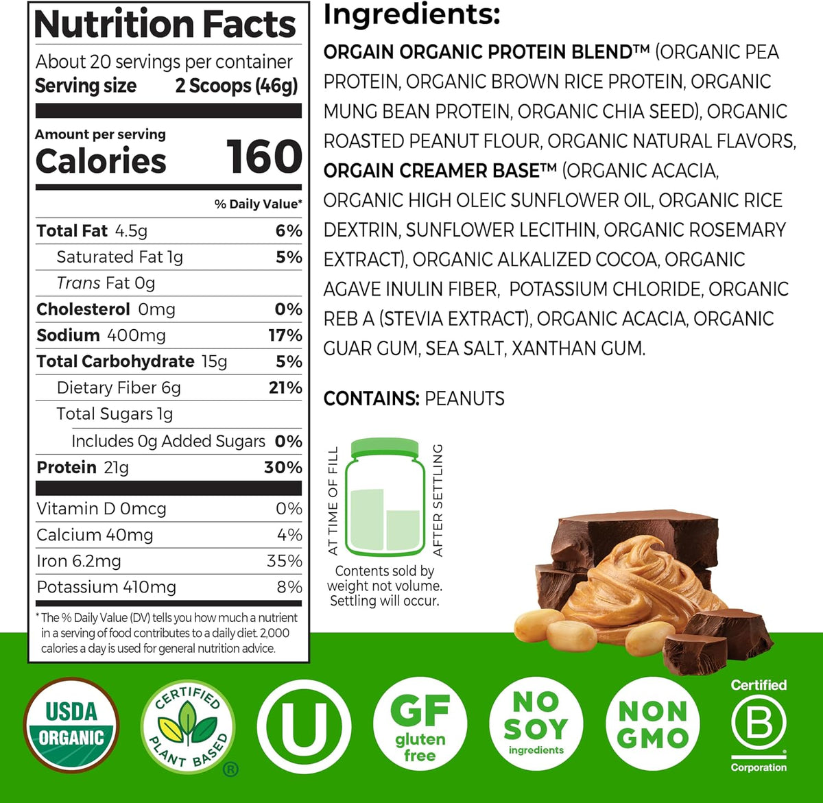 Orgain Organic Vegan 21g Protein Powder, Vanilla Bean, 2.03 lb