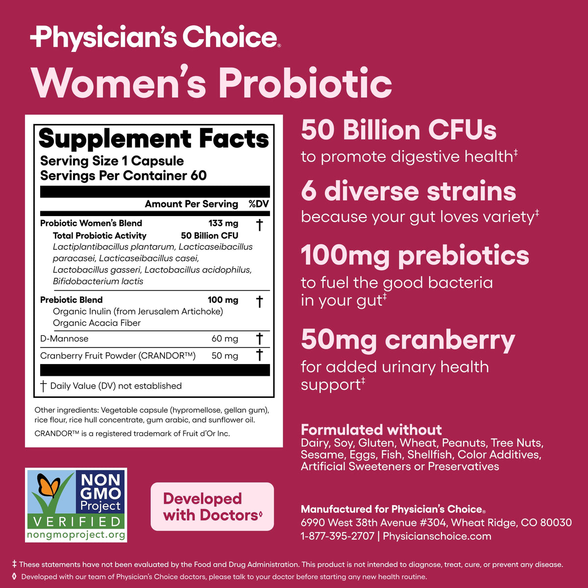 Physician's CHOICE Probiotics for Women - PH Balance, Digestive, UT, & Feminine Health - 50 Billion CFU - 6 Unique Strains for Her - Organic Prebiotics, Cranberry Extract+ - Women Probiotic - 30 CT