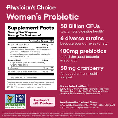 Physician's CHOICE Probiotics for Women - PH Balance, Digestive, UT, & Feminine Health - 50 Billion CFU - 6 Unique Strains for Her - Organic Prebiotics, Cranberry Extract+ - Women Probiotic - 30 CT