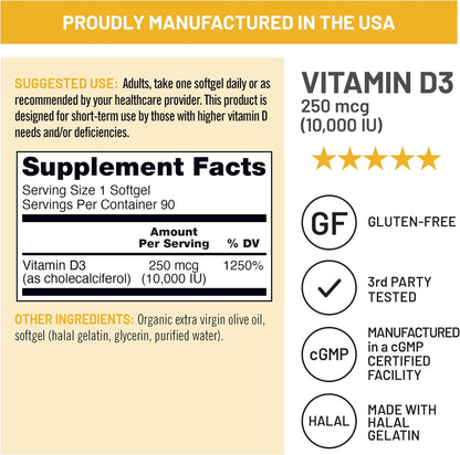 Suplemento NatureWise Vitamina D3 10000IU, Apoyo Inmune, 90 Mini Cápsulas Blandas