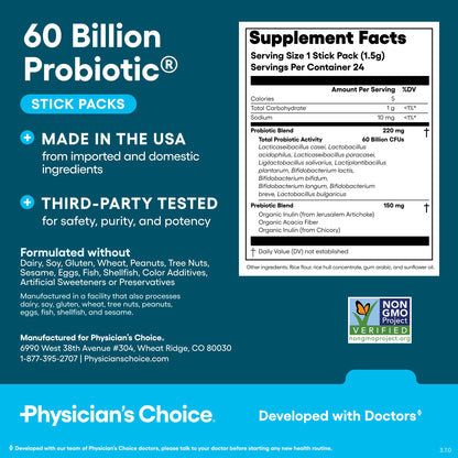 Physician's CHOICE Probiotics 60 Billion CFU - 10 Strains + Organic Prebiotics - Immune, Digestive & Gut Health - Supports Occasional Constipation, Diarrhea, Gas & Bloating - for Women & Men - 30ct