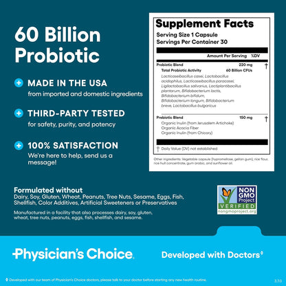 Physician's CHOICE Probiotics 60 Billion CFU - 10 Strains + Organic Prebiotics - Immune, Digestive & Gut Health - Supports Occasional Constipation, Diarrhea, Gas & Bloating - for Women & Men - 30ct