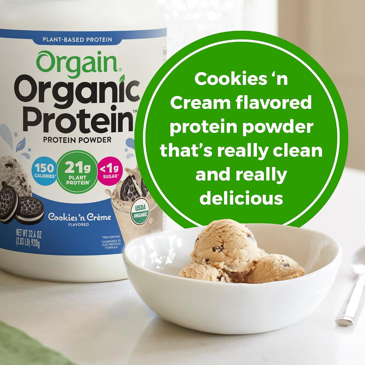 Orgain Organic Vegan 21g Protein Powder, Vanilla Bean, 2.03 lb