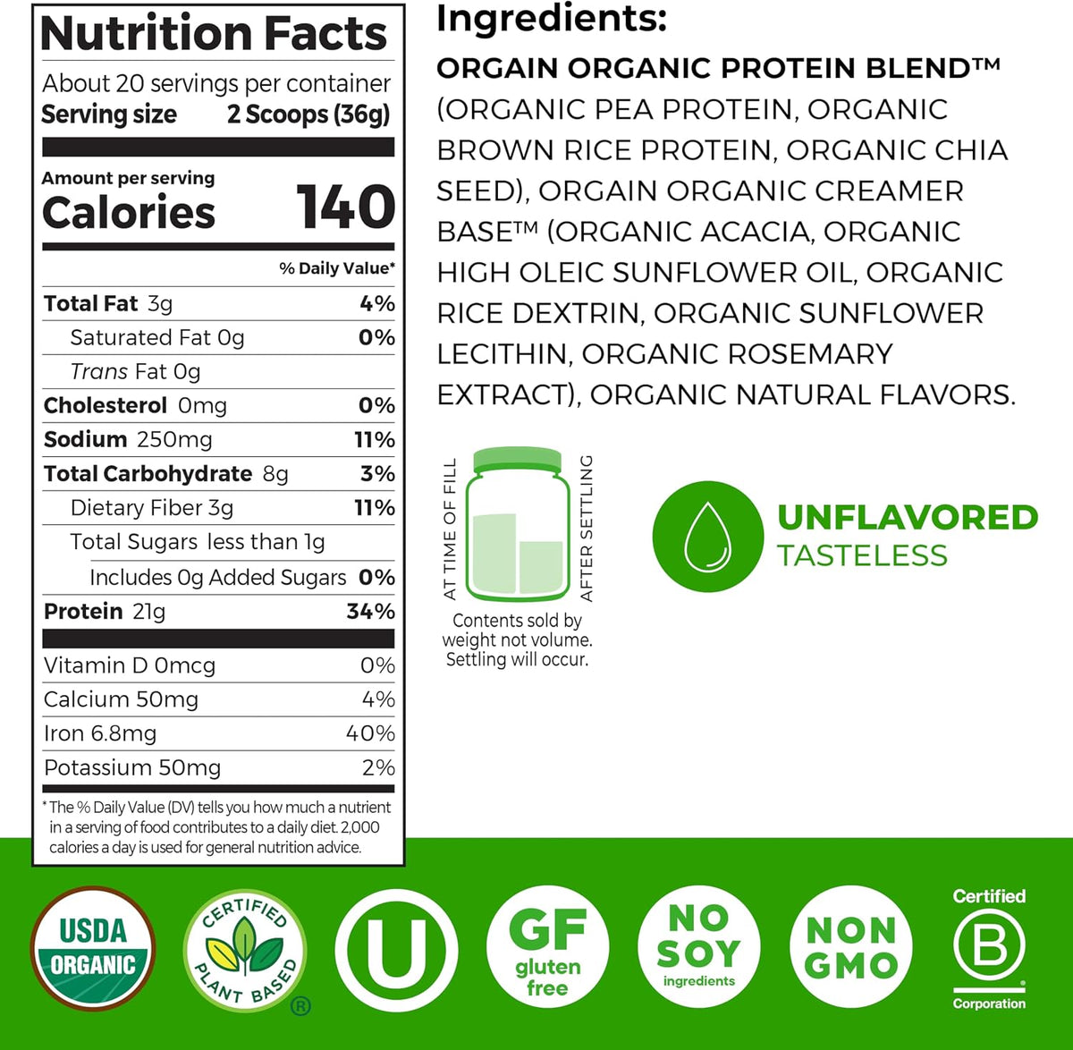 Orgain Organic Vegan 21g Protein Powder, Vanilla Bean, 2.03 lb