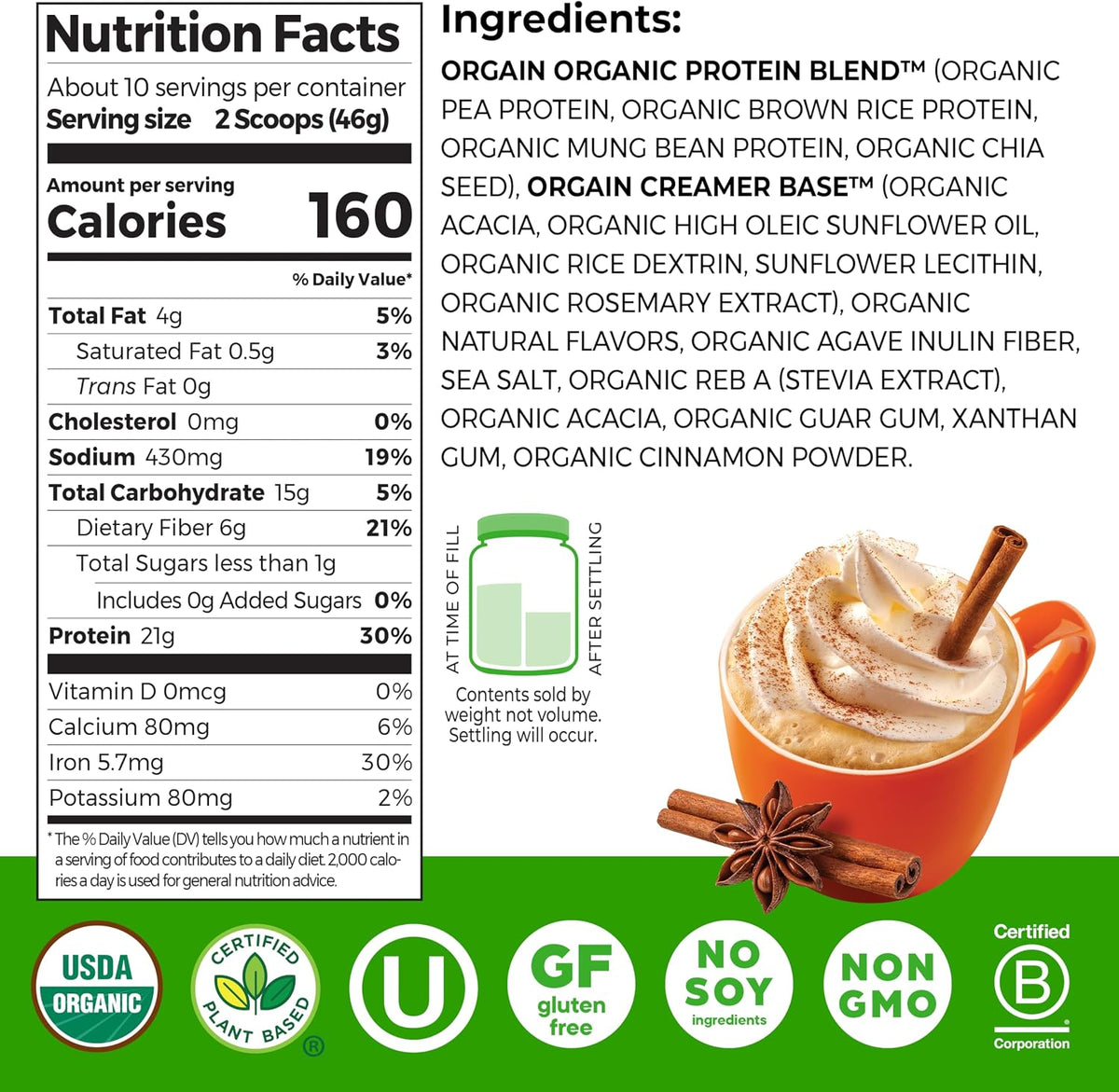 Orgain Organic Vegan 21g Protein Powder, Vanilla Bean, 2.03 lb