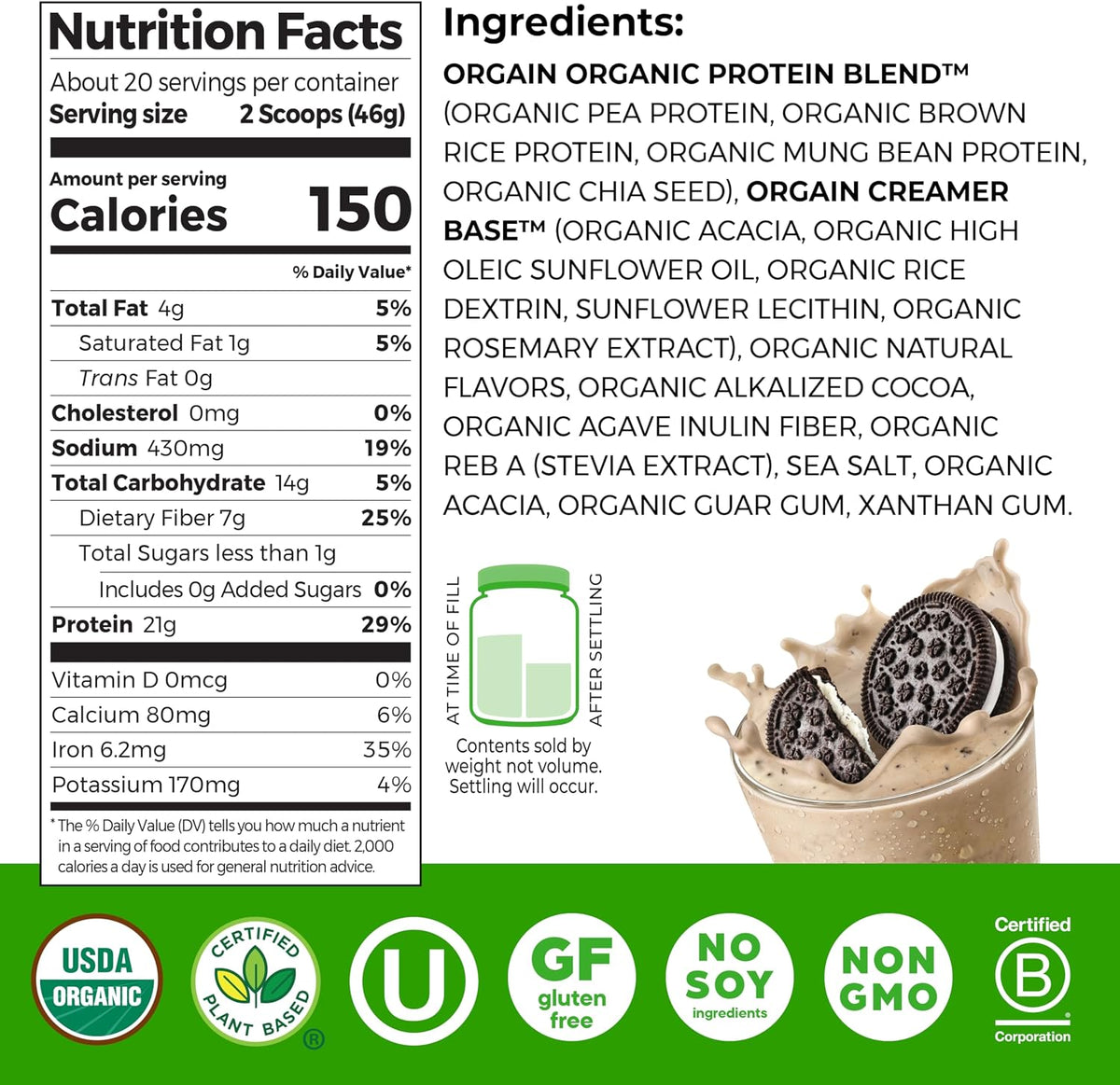 Orgain Organic Vegan 21g Protein Powder, Vanilla Bean, 2.03 lb