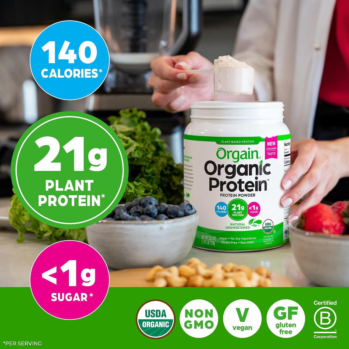 Orgain Organic Vegan 21g Protein Powder, Vanilla Bean, 2.03 lb
