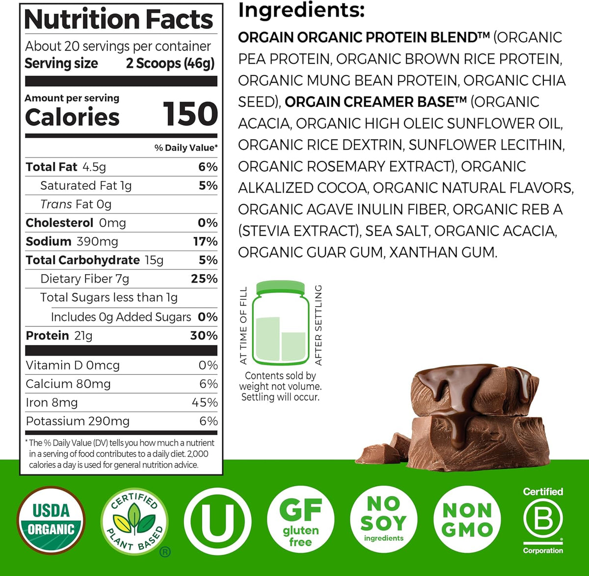 Orgain Organic Vegan 21g Protein Powder, Vanilla Bean, 2.03 lb