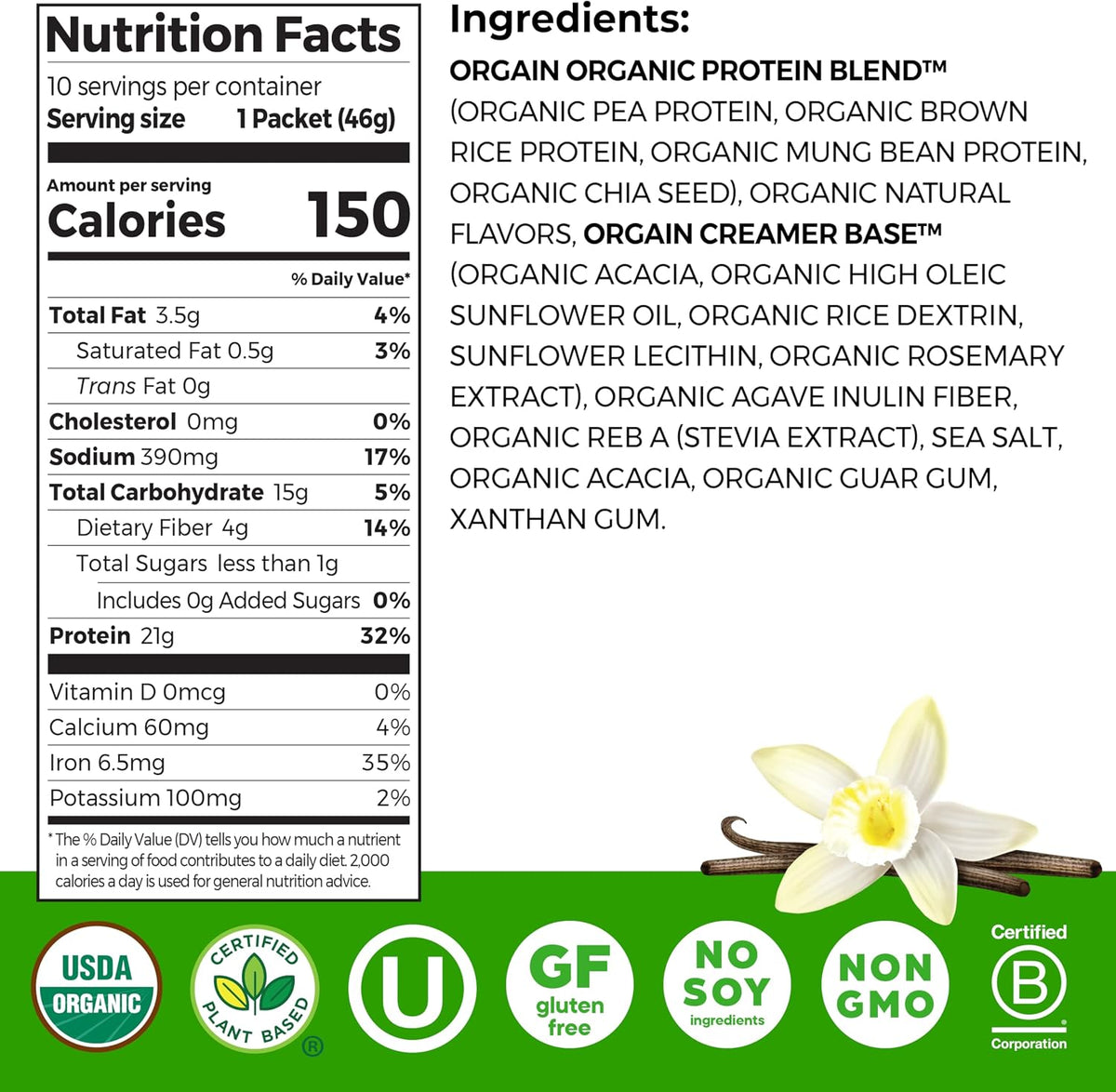 Orgain Organic Vegan 21g Protein Powder, Vanilla Bean, 2.03 lb