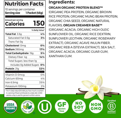 Orgain Organic Vegan 21g Protein Powder, Vanilla Bean, 2.03 lb