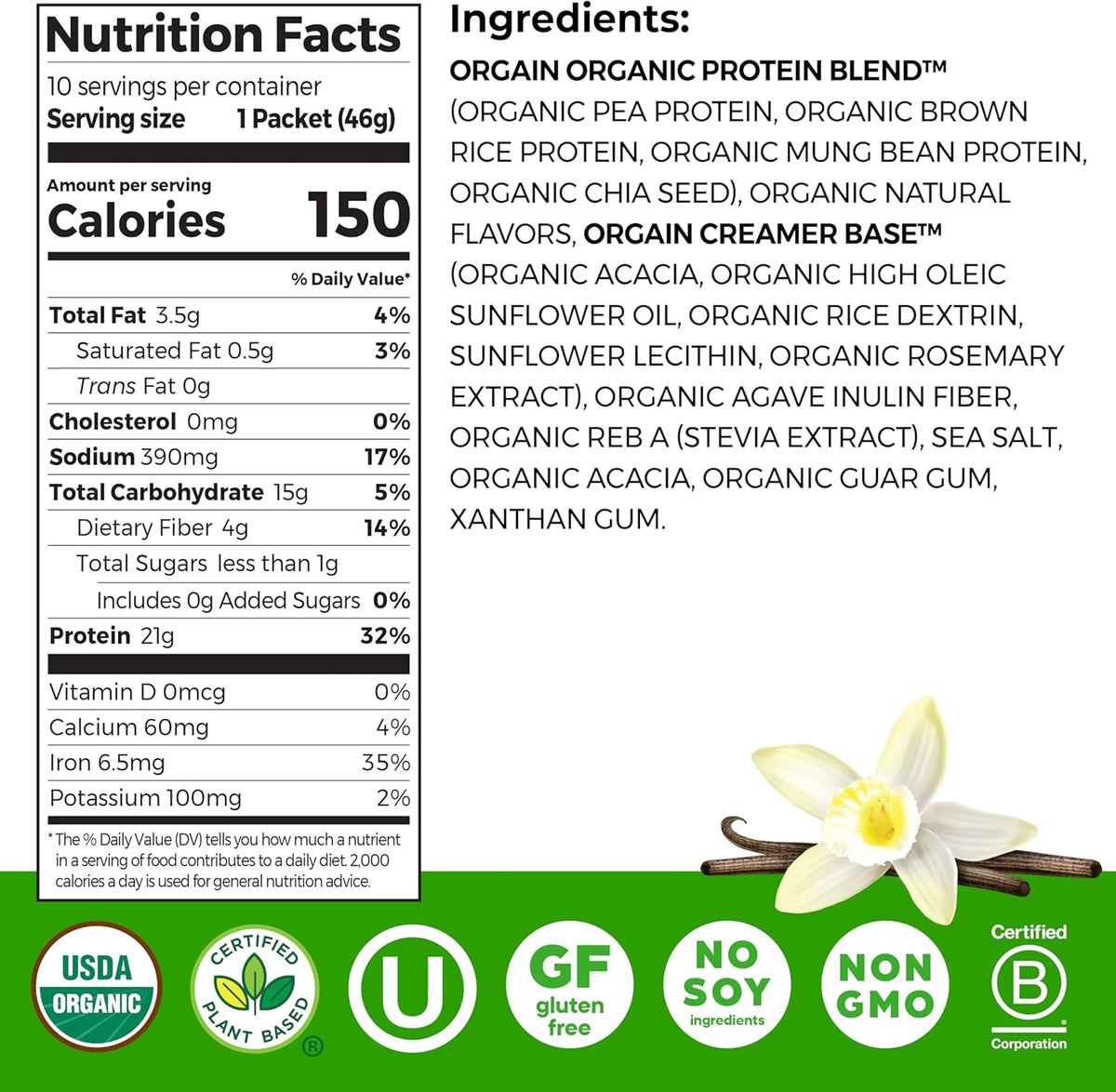 Orgain Organic Vegan 21g Protein Powder, Vanilla Bean, 2.03 lb