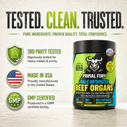 Grass Fed Beef Organ Supplement for Men - Male Optimization Pills - 6 Vital Beef Organs to Drive Prostate Health & Peak Performance, Made in USA, 90 Capsules
