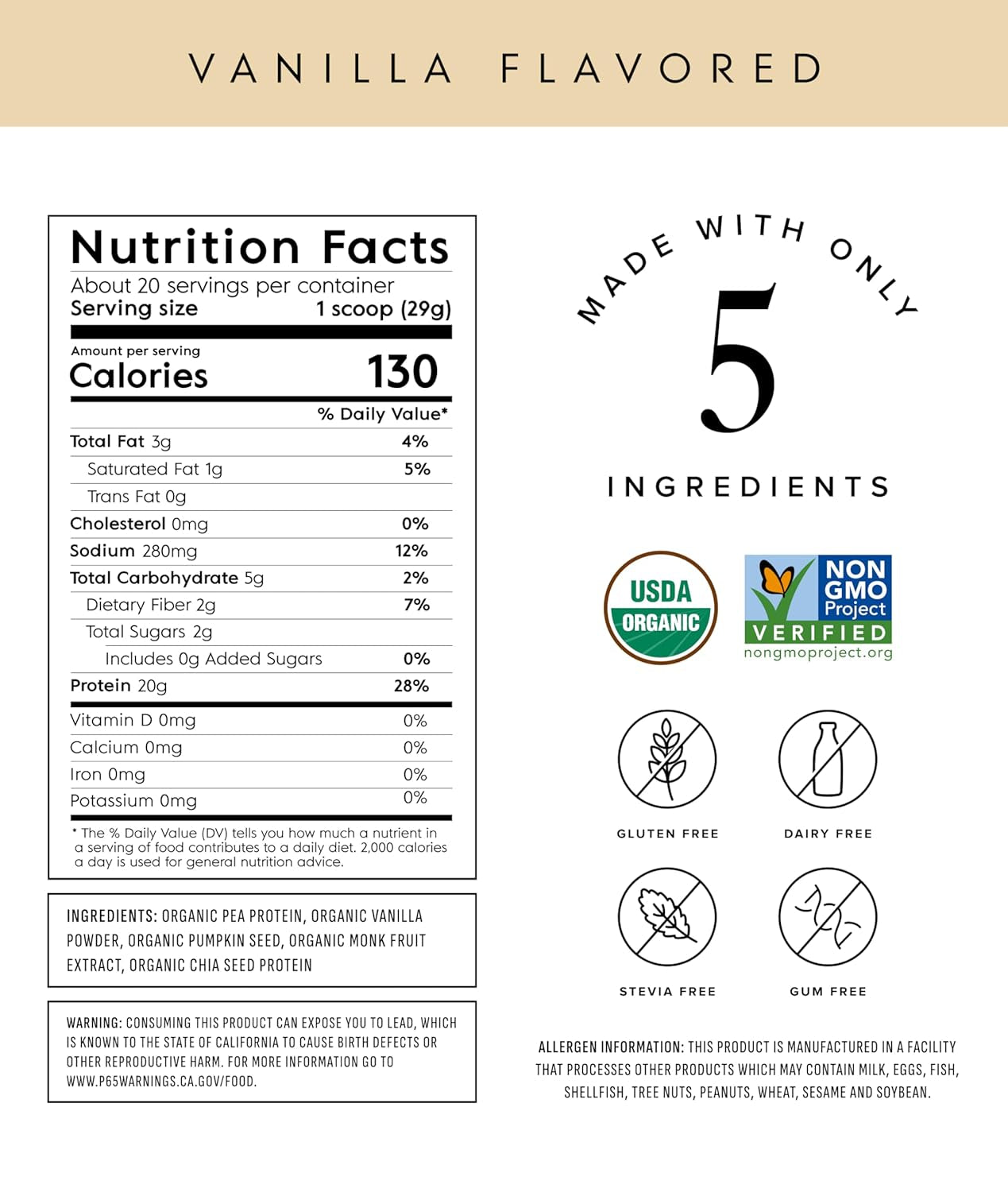 Vegan Pea Protein Powder | Vanilla | 20G Organic Plant Based Protein | 20 Servings | Keto | Gluten & Dairy Free | Low Carb | No Added Sugar