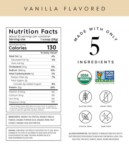 Vegan Pea Protein Powder | Vanilla | 20G Organic Plant Based Protein | 20 Servings | Keto | Gluten & Dairy Free | Low Carb | No Added Sugar