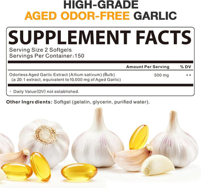 Aged Garlic Extract - 300 Count Aged Garlic Supplements for Daily Wellness & Cardiovascular Wellness Routines, Non-Gmo, All-Natural Softgels, Pure Antiox Wellness