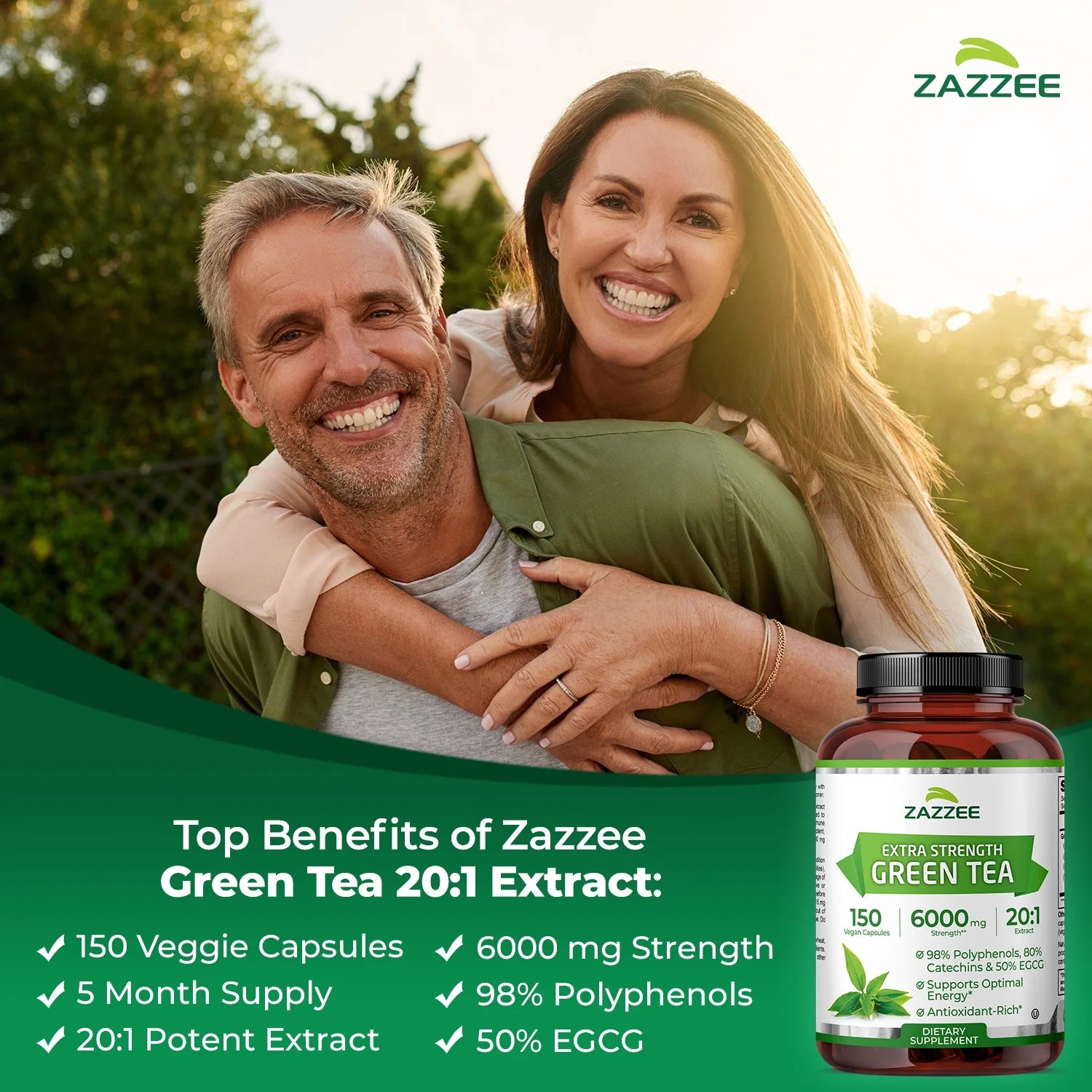 Zazzee Extra Strength Green Tea Extract 6000 Mg – 150 Vegan Capsules – 20:1 Potency – 50% EGCG / 98% Polyphenols – 5‑Month Supply – Vegan • Non-Gmo •Kosher• Made in USA