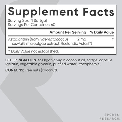 Sports Research Triple Strength Astaxanthin 12Mg with Organic Coconut Oil - Antioxidant Supplement, Non-Gmo Verified & Gluten Free - 60 Softgels