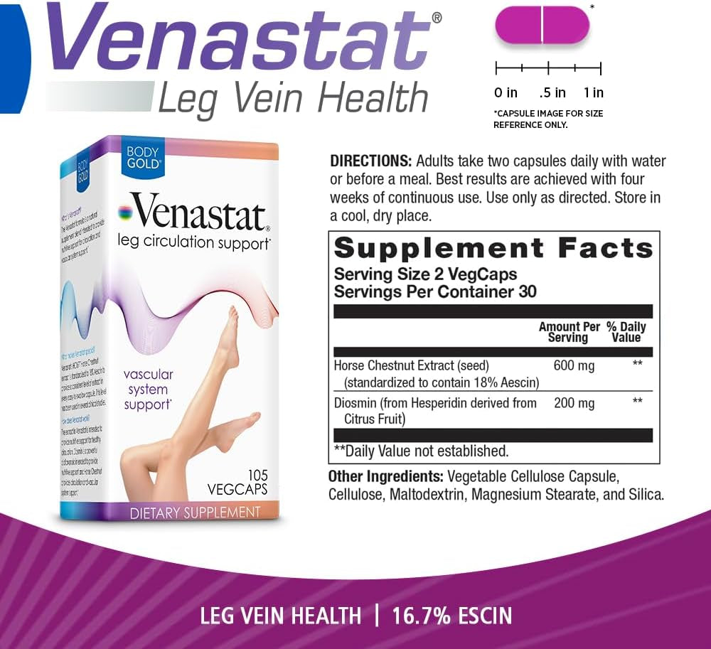 Venastat - Leg Vein Support Supplements, Circulation Supplements with Horse Chestnut & Diosmin for Men & Women, Healthy Blood Flow - 105 Veggie Capsules