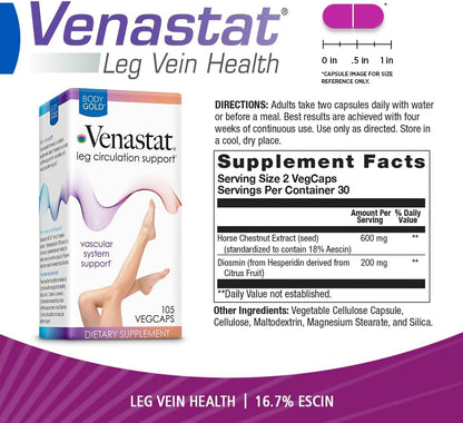 Venastat - Leg Vein Support Supplements, Circulation Supplements with Horse Chestnut & Diosmin for Men & Women, Healthy Blood Flow - 105 Veggie Capsules