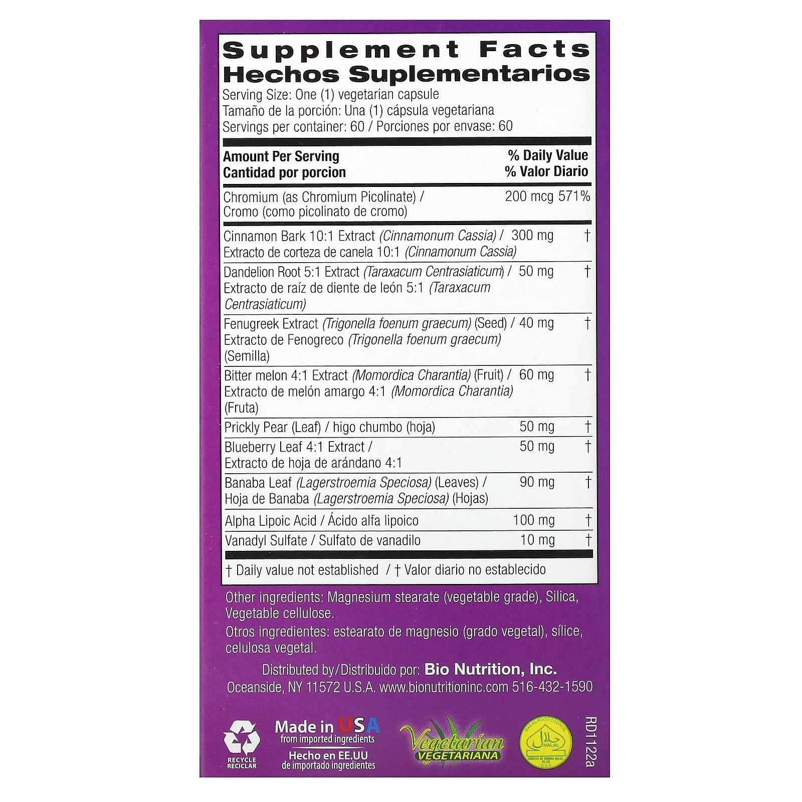 Bio Nutrition - Blood Sugar Wellness - 60 Vegetarian Capsules