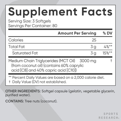 100% MCT Oil 1000Mg 240 Softgels Keto Brain & Body Fuel Non-Gmo Coconut Oil