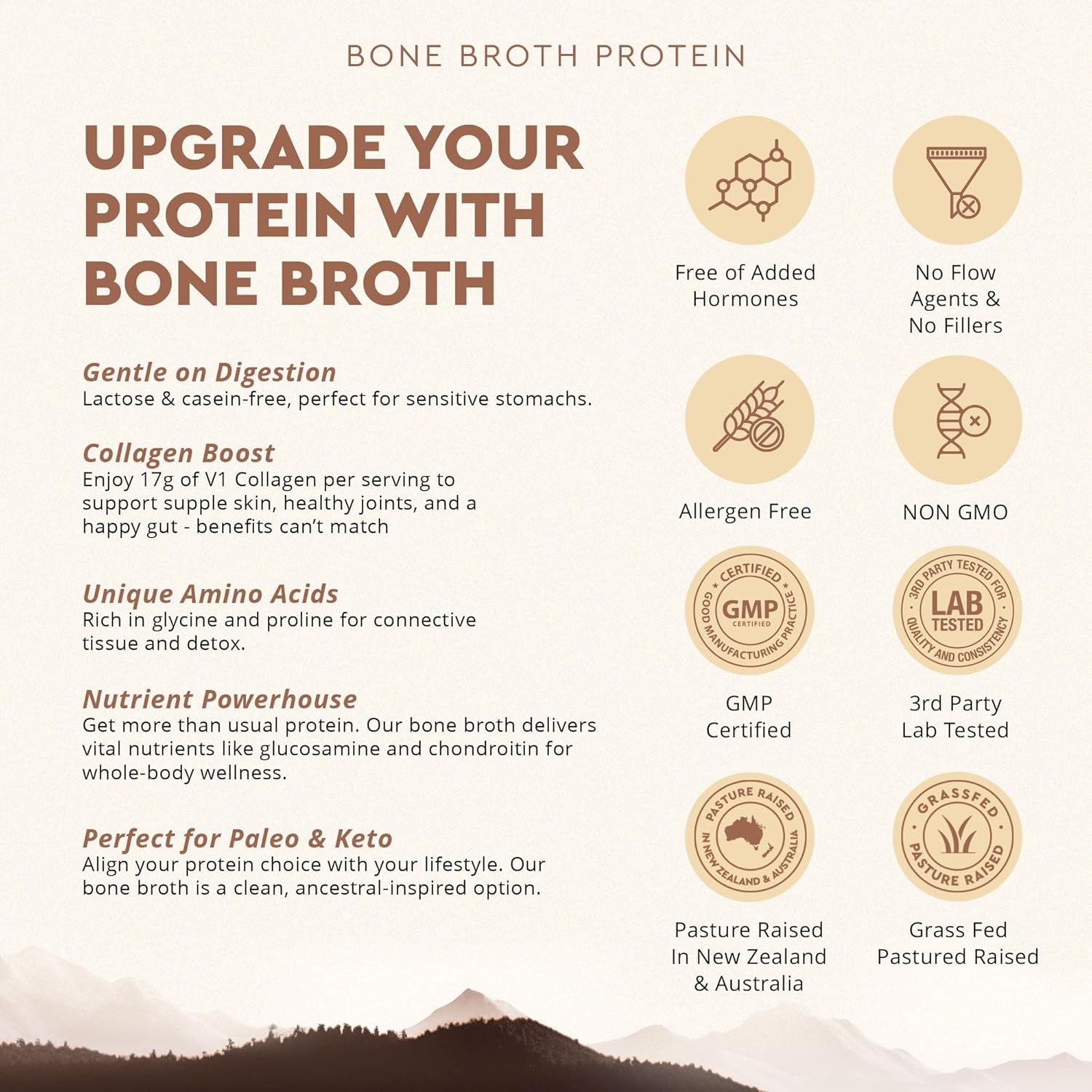 Grass Fed Protein Powder, Vanilla, Beef Bone Broth Based with Beef Organs & Organic Mushrooms, Gut Health Support, High Protein Supplement, 20G Protein per Serving, 30 Day Supply