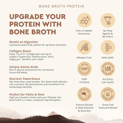 Grass Fed Protein Powder, Chocolate, Beef Bone Broth Based W/Beef Organs & Organic Mushrooms, Gut Health Support, High Protein Supplement, 20G Protein per Serving, 30 Day Supply