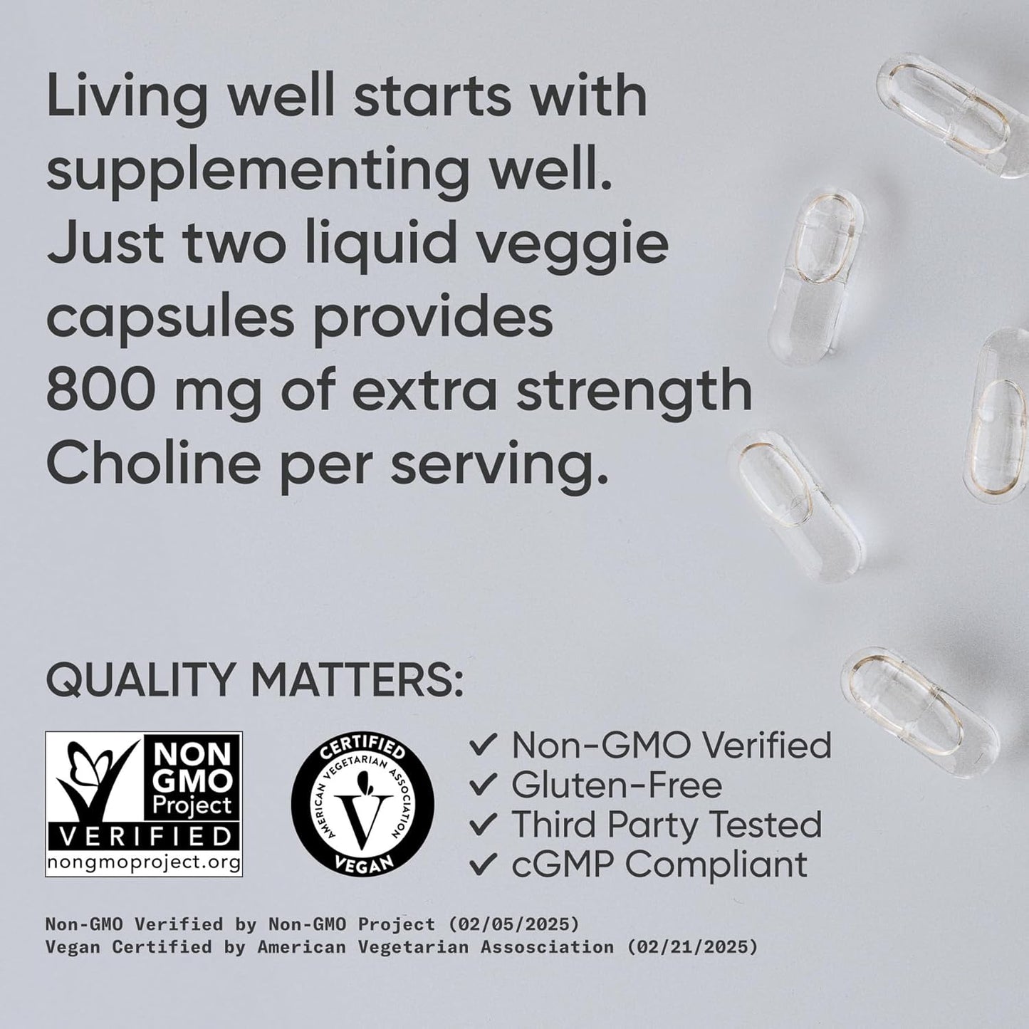 ® Extra Strength Choline 800 Mg - Essential Nutrient Featuring Vitacholine ® for Focus Support - Vegan Certified • Non-Gmo • Gluten Free - 60 Liquid Capsules
