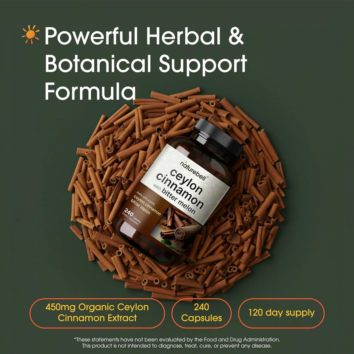 Organic Ceylon Cinnamon with Bitter Melon Extract - 240 Capsules - Herbal Wellness & Daily Wellness Support Complex - Triple Strength - Non-Gmo - 3Rd Party Tested