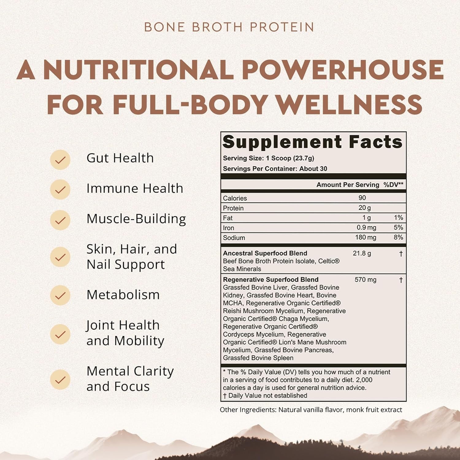 Grass Fed Protein Powder, Vanilla, Beef Bone Broth Based with Beef Organs & Organic Mushrooms, Gut Health Support, High Protein Supplement, 20G Protein per Serving, 30 Day Supply