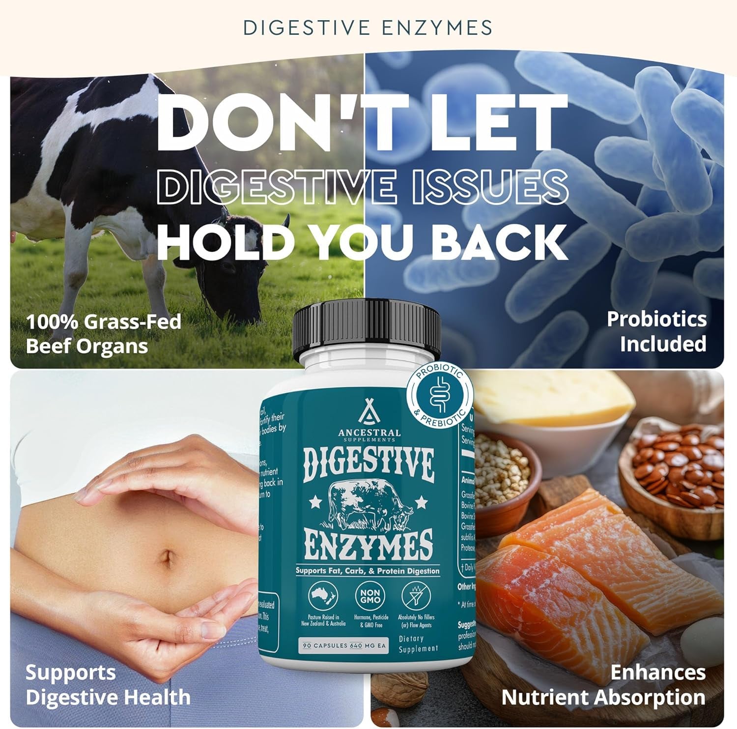 Digestive Enzymes for Women & Men, 90 Capsules, with Probiotics and Grass Fed Beef Organs, Supports Gut Health, Digestive Health & Nutrient Absorption, Allergen Free, Non GMO