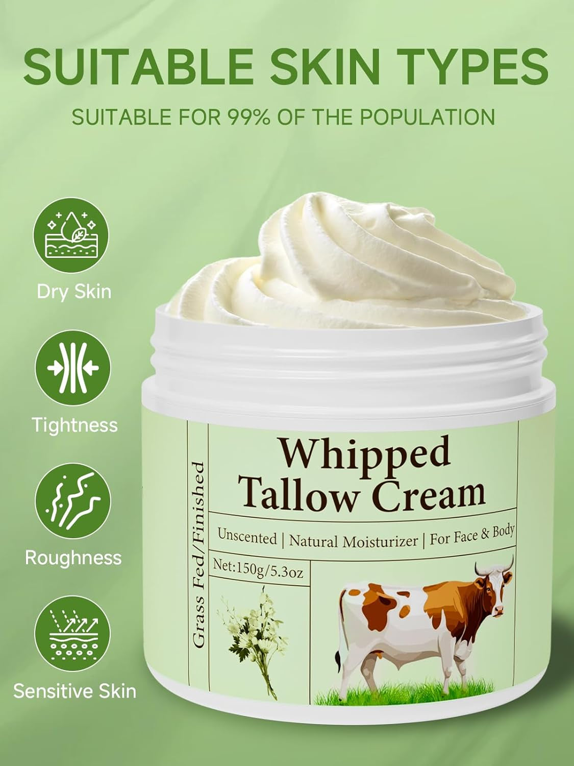 Beef Tallow for Skin, Beef Tallow, Grass Fed Beef Tallow, Whipped Beef Tallow for Face Moisturizer for All Purpose Tallow Balm, 2 Packs