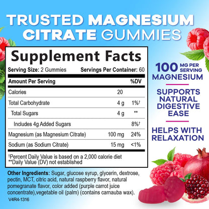 Magnesium Citrate Gummies - High Absorption Magnesium Citrate Gummy Supplement - Natural Bone, Nerve, Muscle, Calm, & Relaxation Support for Adults - Raspberry Flavor, Gluten Free, Vegan, 120 Gummies