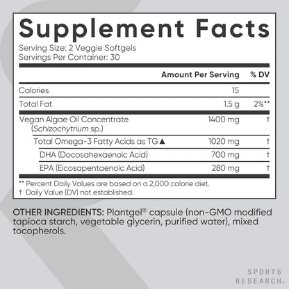 ® Vegan Omega-3 Algae Oil 1040Mg, 60 Count Plantgels™ | Triglyceride Form EPA & DHA - Vegan, Non-Gmo, Carrageenan-Free Softgel