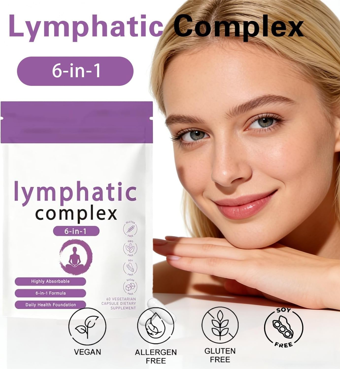 Lymphatic Complex 6-In-1 Capsules with Burdock, Dandelion & Kelp, Supports Digestion & Skin Vitality, Vegan, Non-Gmo, Gluten-Free, 90 Veggie Caps