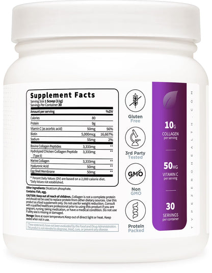 Type Zero Multi Collagen Powder 30 Servings - Types I, II, III, V, & X Collagen Peptides + Hyaluronic Acid, Vit C, Biotin