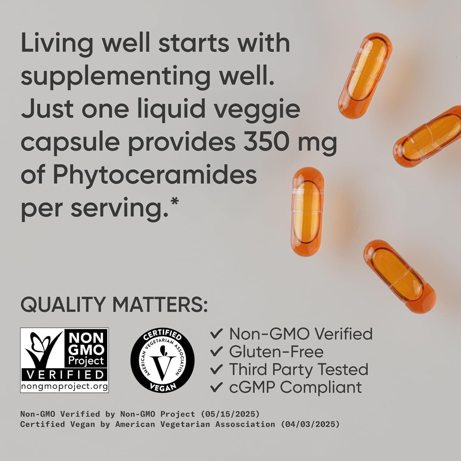 Phytoceramides 350 Mg per Liquid Veggie Capsule - Plant Derived Ceramides for Healthy Skin and Hydration - Made with Ceratiq® · Non-Gmo · Vegan Friendly - 60 Count