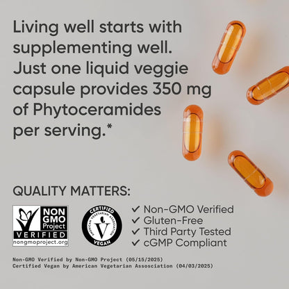Phytoceramides 350 Mg per Liquid Veggie Capsule - Plant Derived Ceramides for Healthy Skin and Hydration - Made with Ceratiq® · Non-Gmo · Vegan Friendly - 60 Count