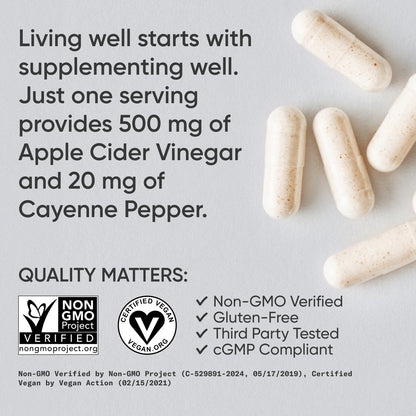 Apple Cider Vinegar 500Mg + Organic Cayenne Pepper ACV Supplement Non-Gmo 120 Ct