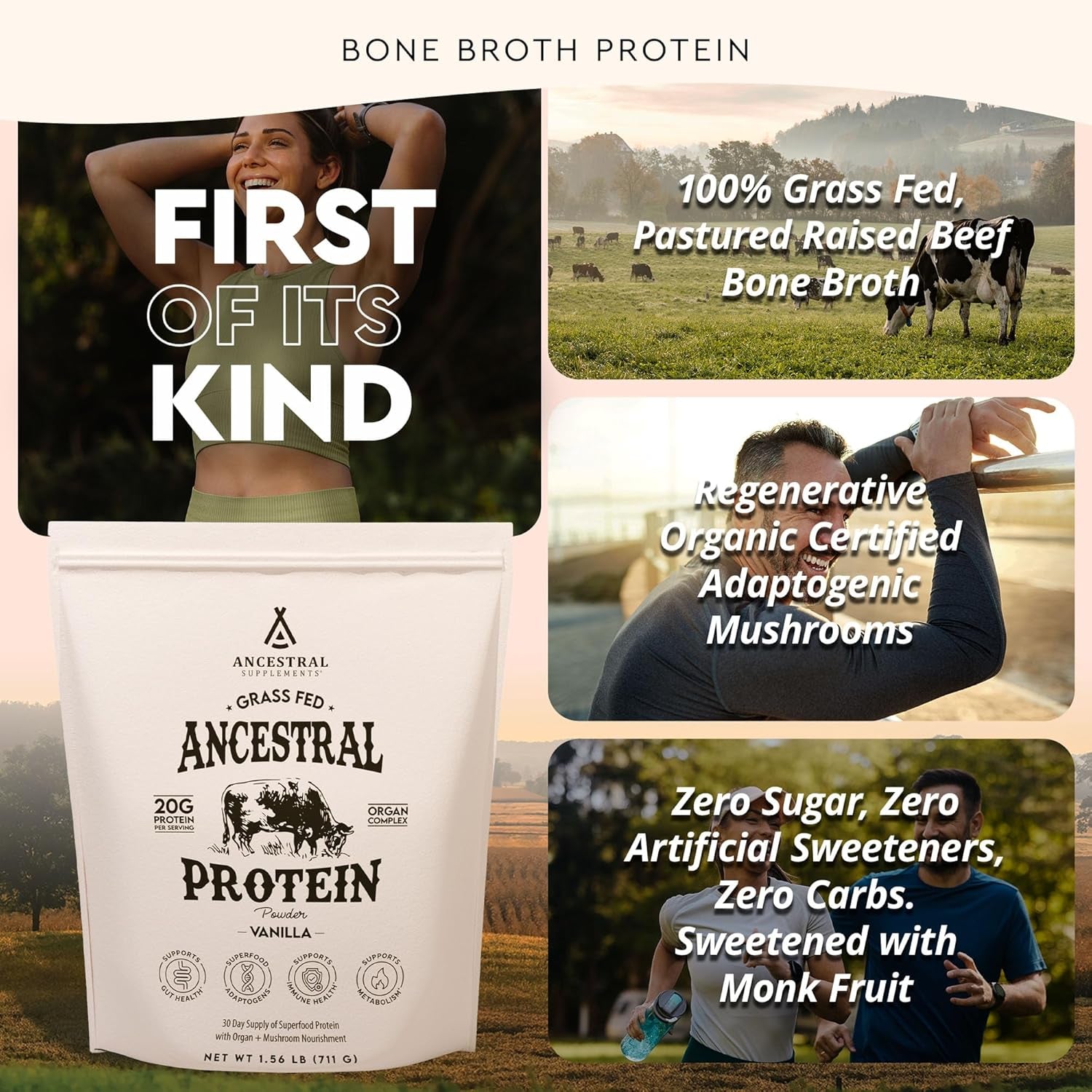 Grass Fed Protein Powder, Vanilla, Beef Bone Broth Based with Beef Organs & Organic Mushrooms, Gut Health Support, High Protein Supplement, 20G Protein per Serving, 30 Day Supply